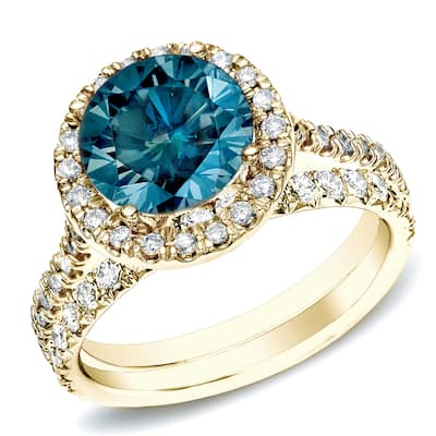 Auriya 14k Gold 1ctw Round Blue Diamond Halo Engagement Ring Set