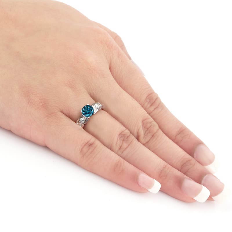 Auriya 1 carat TW Round Channel Set Blue Diamond Engagement Ring 14k Gold