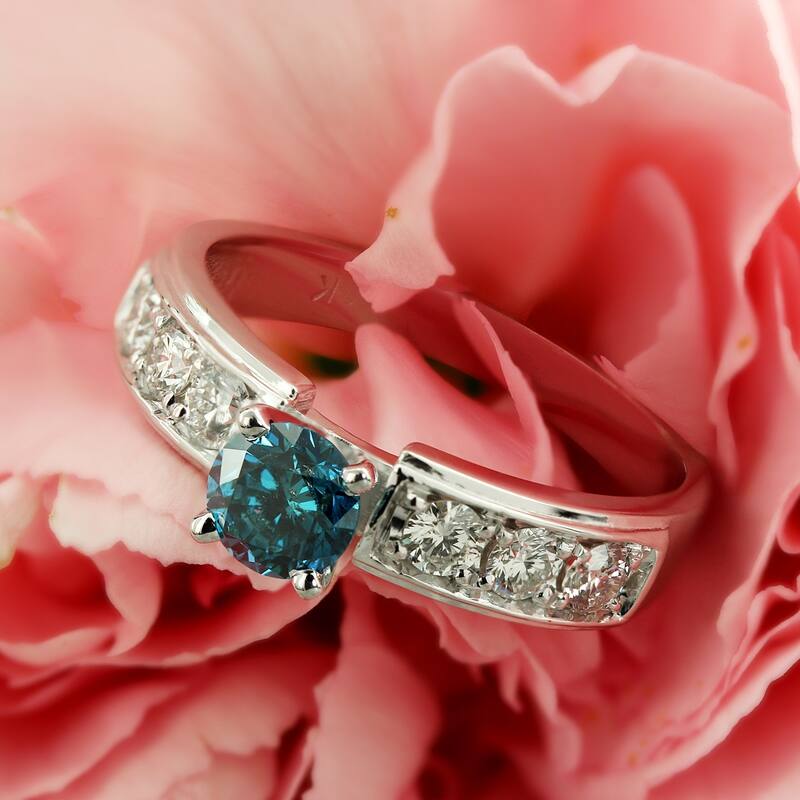 Auriya 1 carat TW Round Channel Set Blue Diamond Engagement Ring 14k Gold
