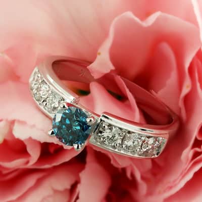 Auriya 1 carat TW Round Channel Set Blue Diamond Engagement Ring 14k Gold