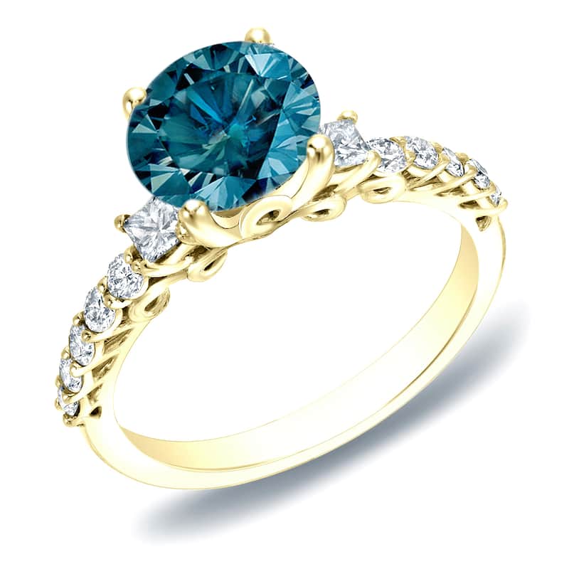 Auriya Unique 1 2/5ctw Round Blue Diamond Engagement Ring 14k Gold