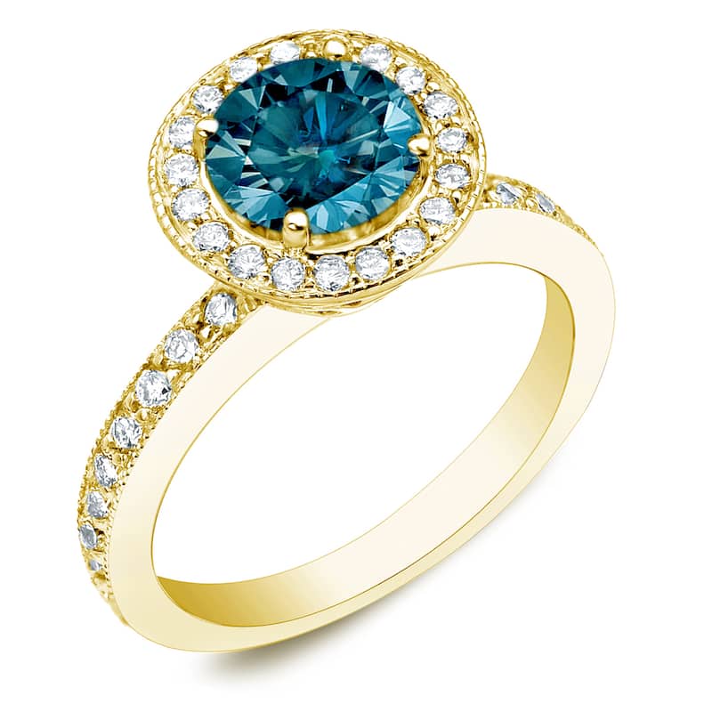 Auriya 1ctw Halo Blue Diamond Engagement Ring 14k Gold - 4 - Yellow