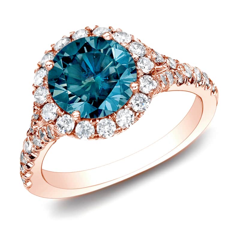 Auriya 1 1/2ctw Round Pave Halo Blue Diamond Engagement Ring 14k Rose Gold