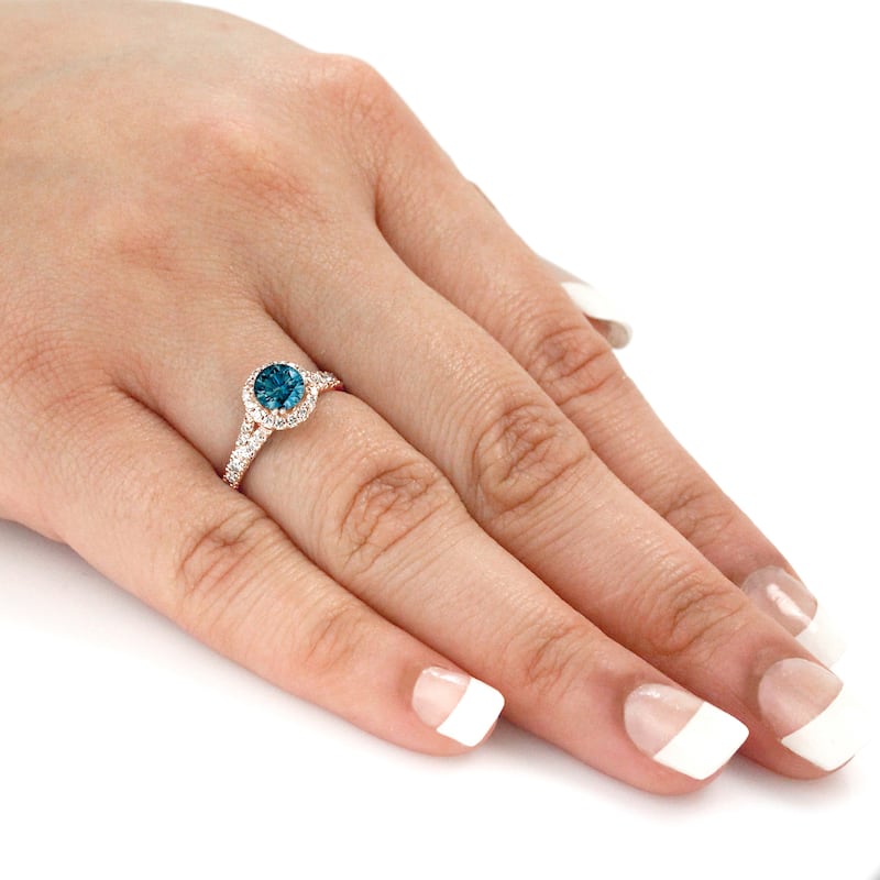 Auriya 1 1/2ctw Round Pave Halo Blue Diamond Engagement Ring 14k Rose Gold