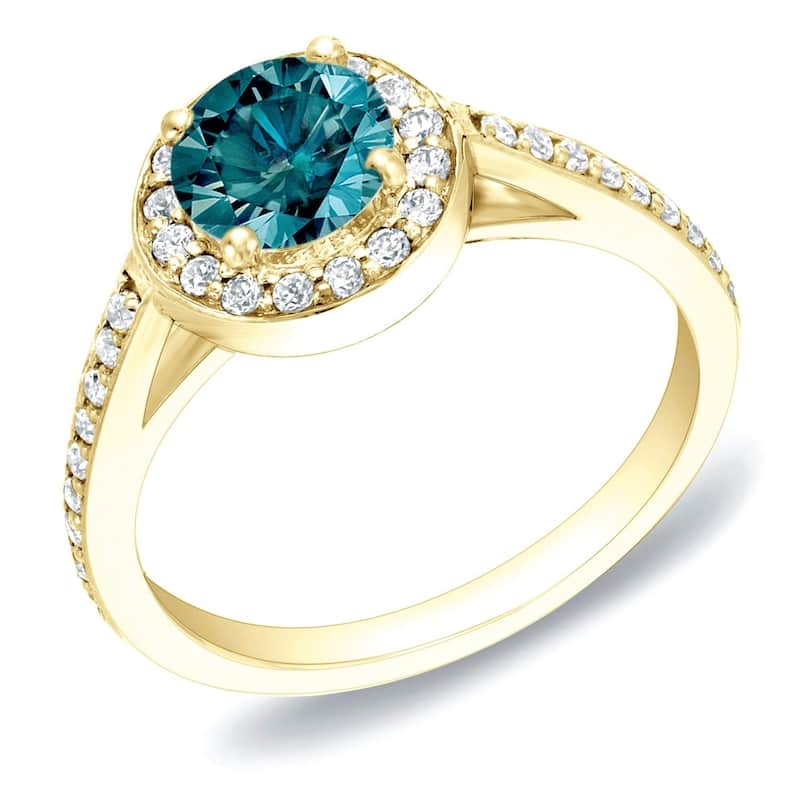 Auriya Modern 1ctw Halo Blue Diamond Engagement Ring 14k Gold - 4 - Yellow