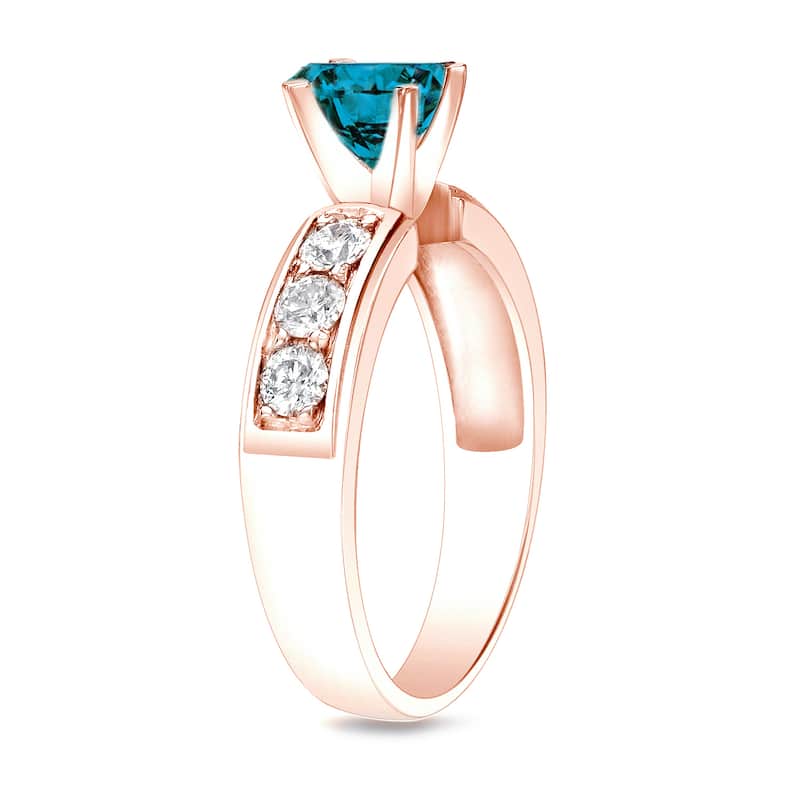 Auriya 14k Rose Gold 1 carat TW Round Blue Diamond Engagement Ring