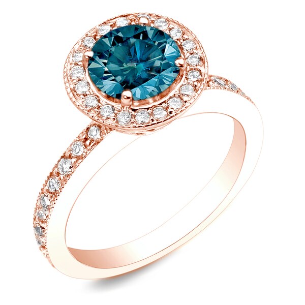 Shop Auriya 14k Rose Gold 1ct TDW Round Blue Diamond Halo Engagement ...
