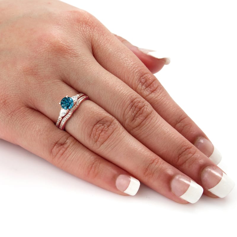 Auriya 14k Rose Gold 1ctw Blue Diamond 3-stone Engagement Ring Set