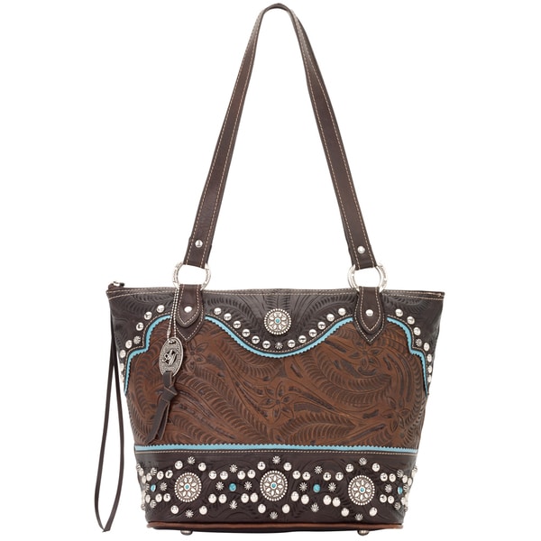 American West Hand Tooled Two Tone Brown And Turquoise Leather American West Hand Tooled Two Tone Brown And Turquoise Leather Handbag