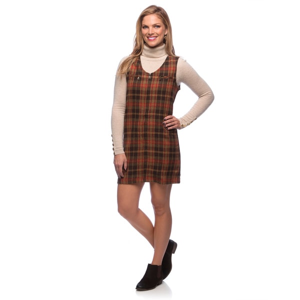 Live A Little Women's Brown Plaid Zip Front Dress