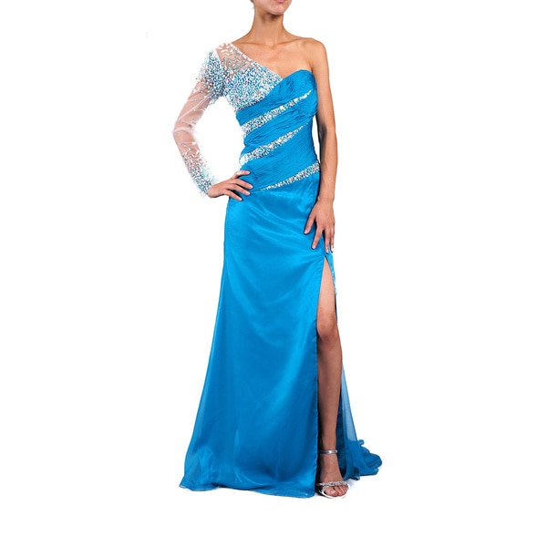 DFI Women's Dark Turquoise Beaded One-shoulder Evening Gown