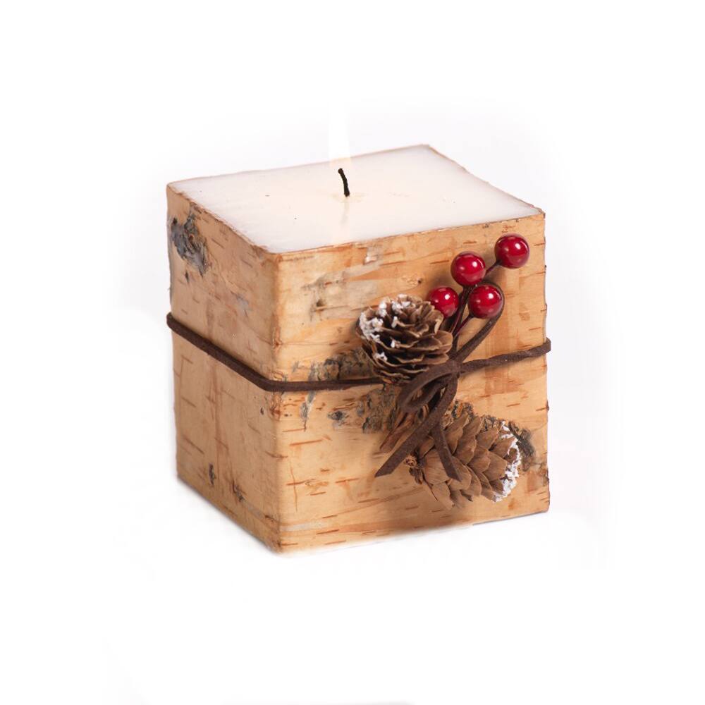 Square Birchwood Candle with Pine Cone Trim (Set of 3)