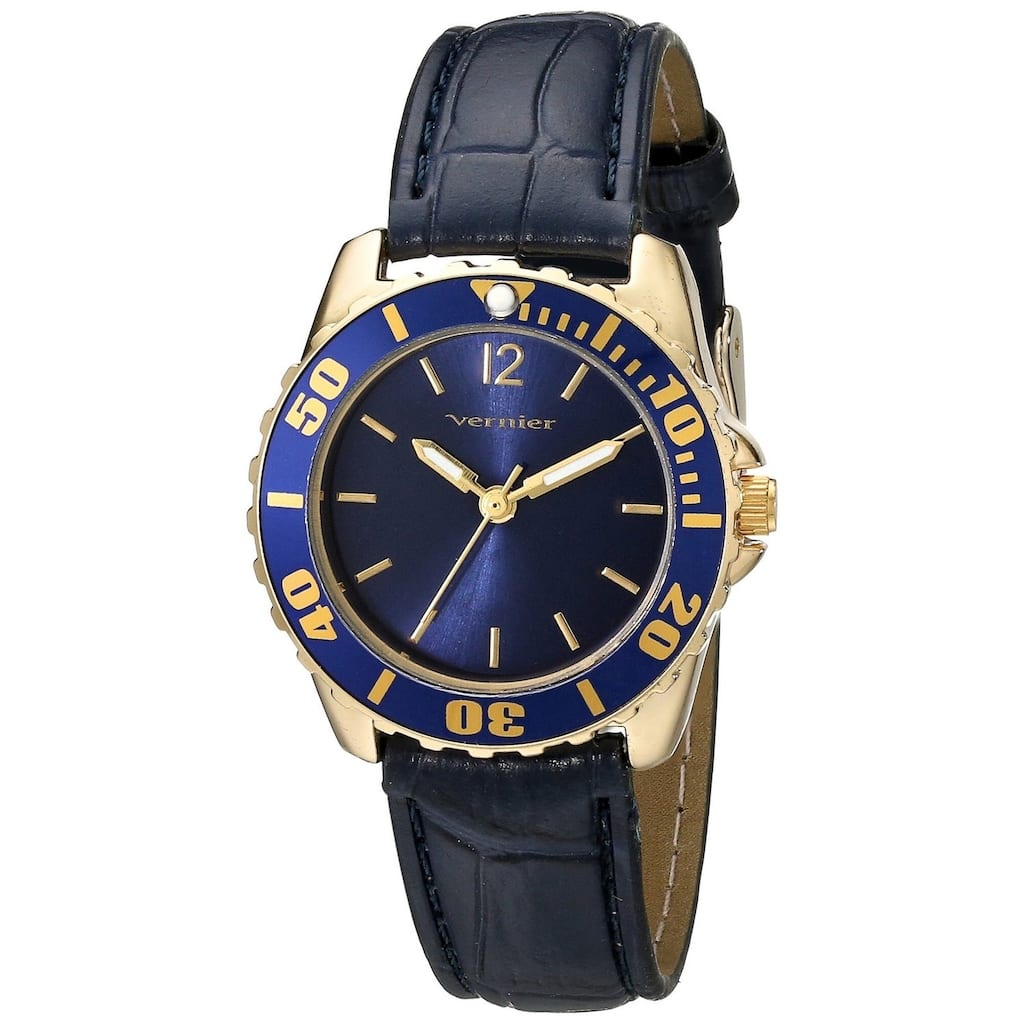 Vernier Women's Genuine Leather Blue Embossed Diver Watch