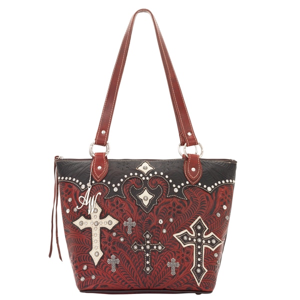 American West Chocolate Brown/ Distressed Crimson/ Cream Zip top Tote