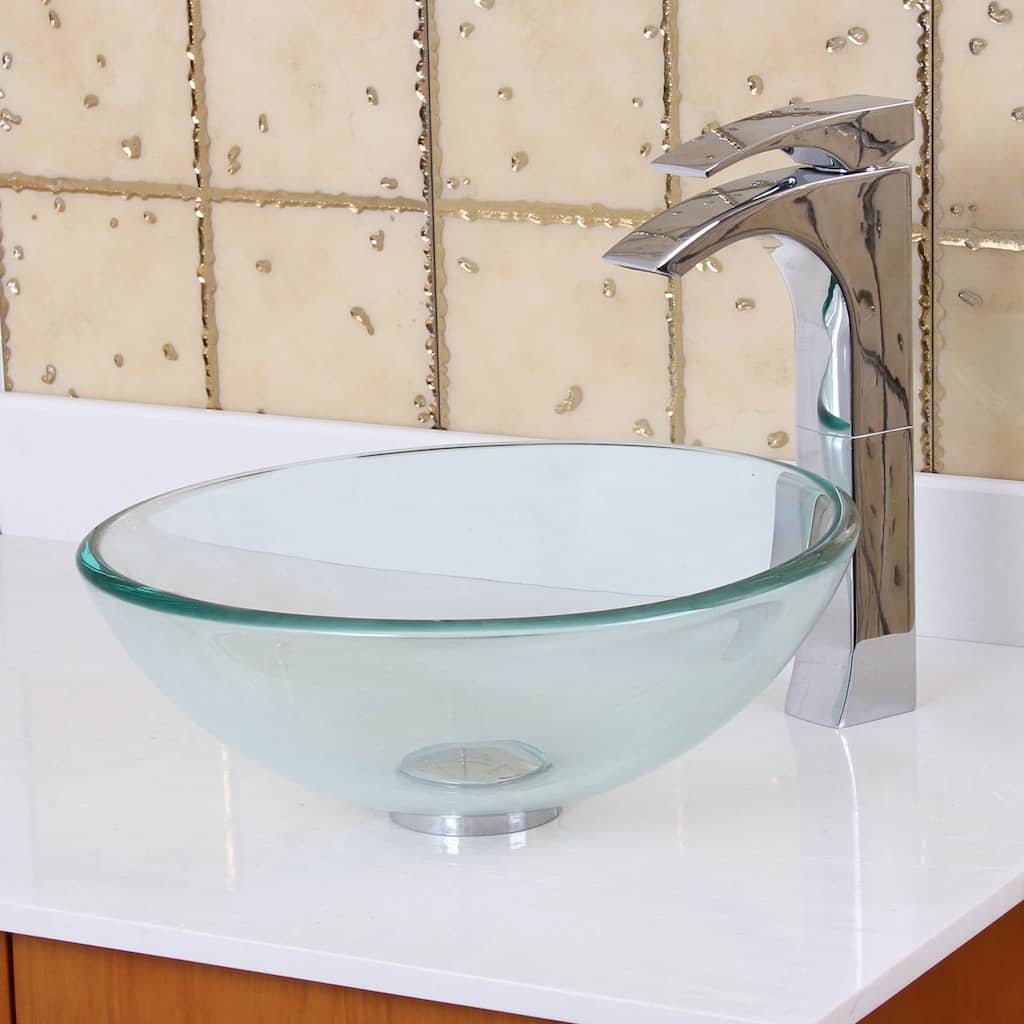 Elite 14" Diameter Small Clear Tempered Glass Bathroom Vessel Sink