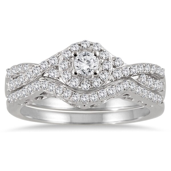10k White Gold 3/4ct TDW Split-shank Diamond Bridal Ring Set. Opens flyout.