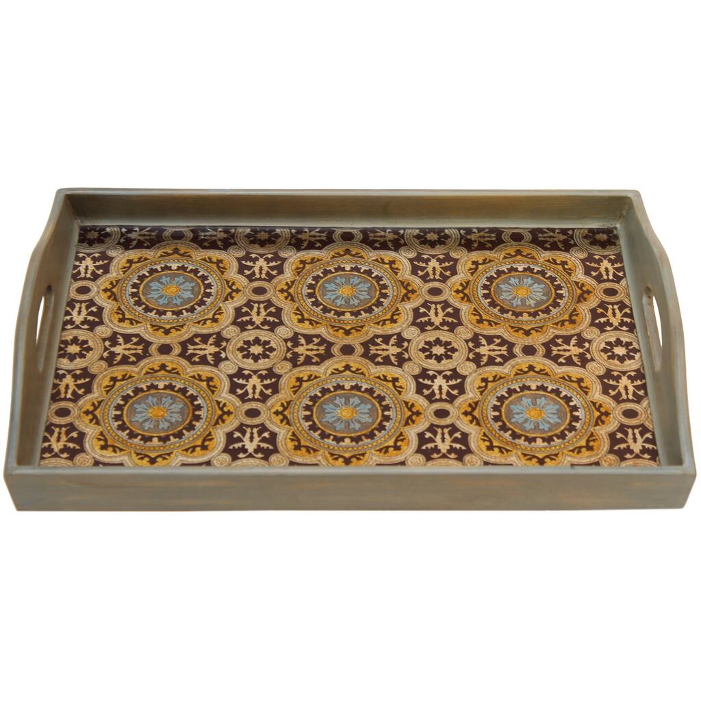 Tan/ Mustard Rectangular Wood and Glass Rabat Tray