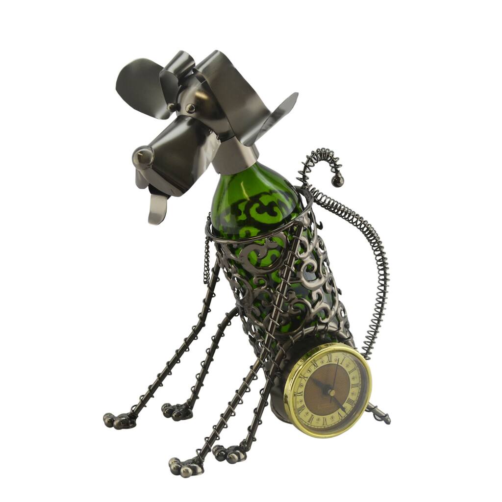 WineBodies Sitting Dog Clock Metal Wine Bottle Holder - Silver