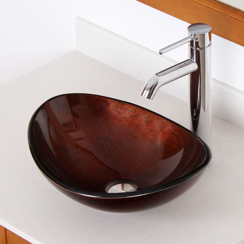 Elite Oval Tempred Glass Artistic Bronze Bathroom Vessel Sink And Faucet Combo