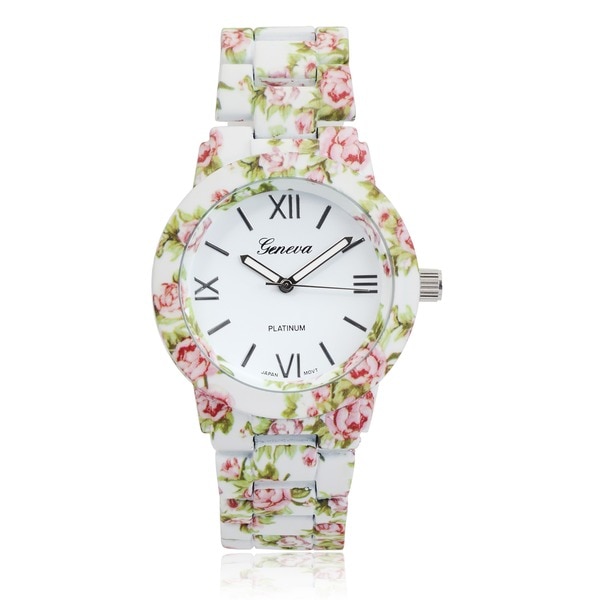 Shop Geneva Platinum Women's Floral Print Link Watch - Free Shipping On ...