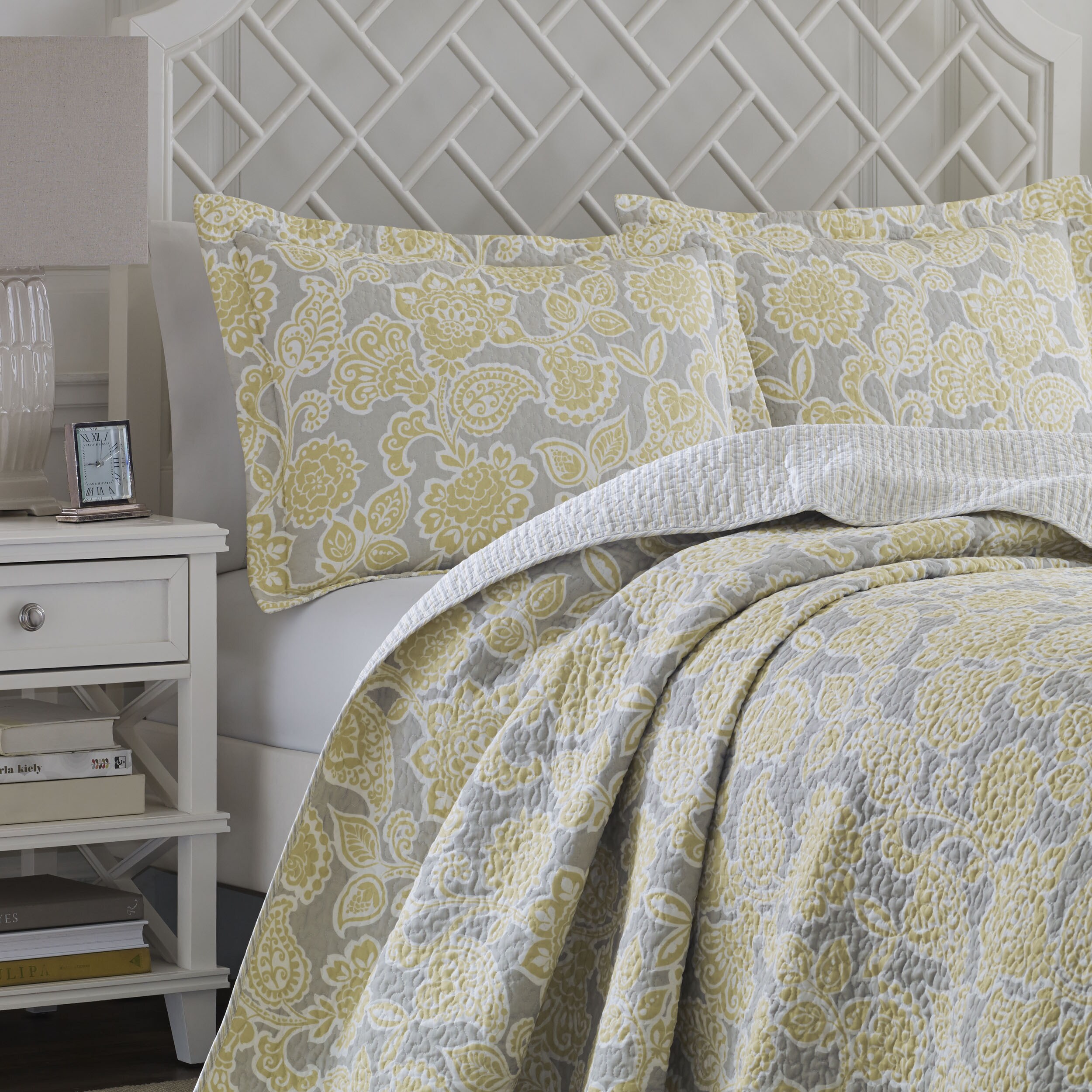 Shop Laura Ashley Joy Grey Yellow Reversible Cotton 3 Piece Quilt