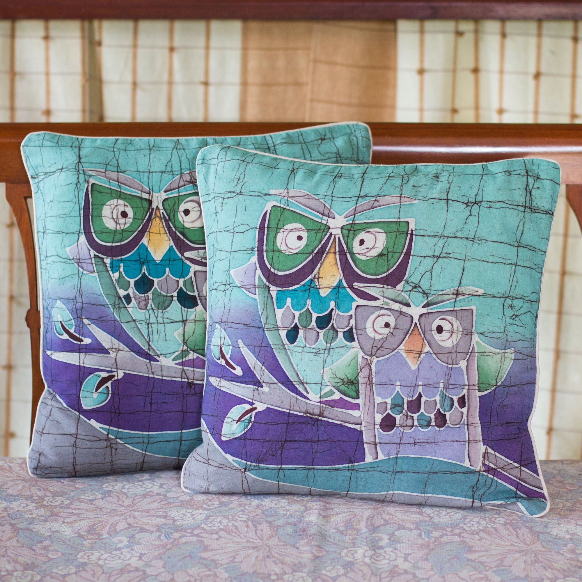 Shop Handmade Cotton Mischievous Owls Batik Set Of 2 Cushion