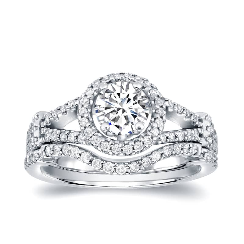 Auriya Modern 1 3/4ct TDW Round Diamond Halo Engagement Ring Set 14k Gold Certified - 4 - White