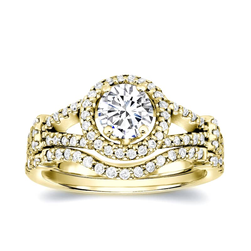 Auriya Modern 1 3/4ct TDW Round Diamond Halo Engagement Ring Set 14k Gold Certified - 4 - Yellow