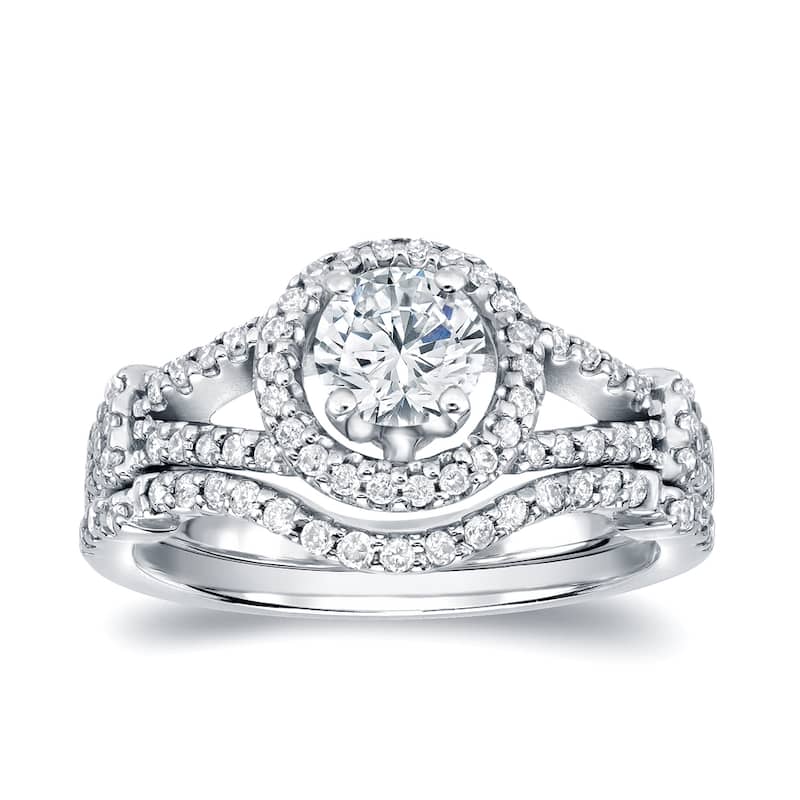 Auriya 14k Gold 1 1/2ctw Modern Round Halo Diamond Engagement Ring Set - 4 - White