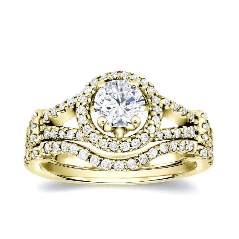 Auriya 14k Gold 1 1/2ctw Modern Round Halo Diamond Engagement Ring Set - 7.5 - Yellow