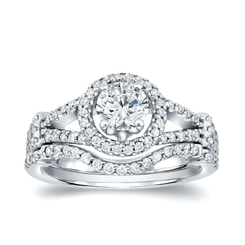 Auriya 14k Gold 1 1/2ctw Modern Round Halo Diamond Engagement Ring Set - 4 - White