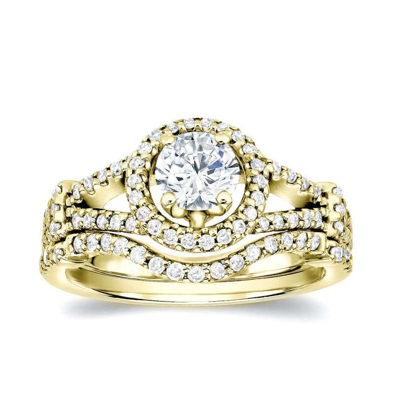 Auriya 14k Gold 1 1/2ctw Modern Round Halo Diamond Engagement Ring Set - 4 - Yellow