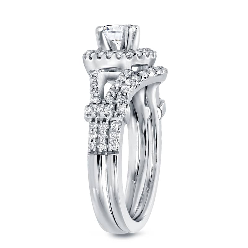 Auriya 14k Gold 1 1/2ctw Modern Round Halo Diamond Engagement Ring Set