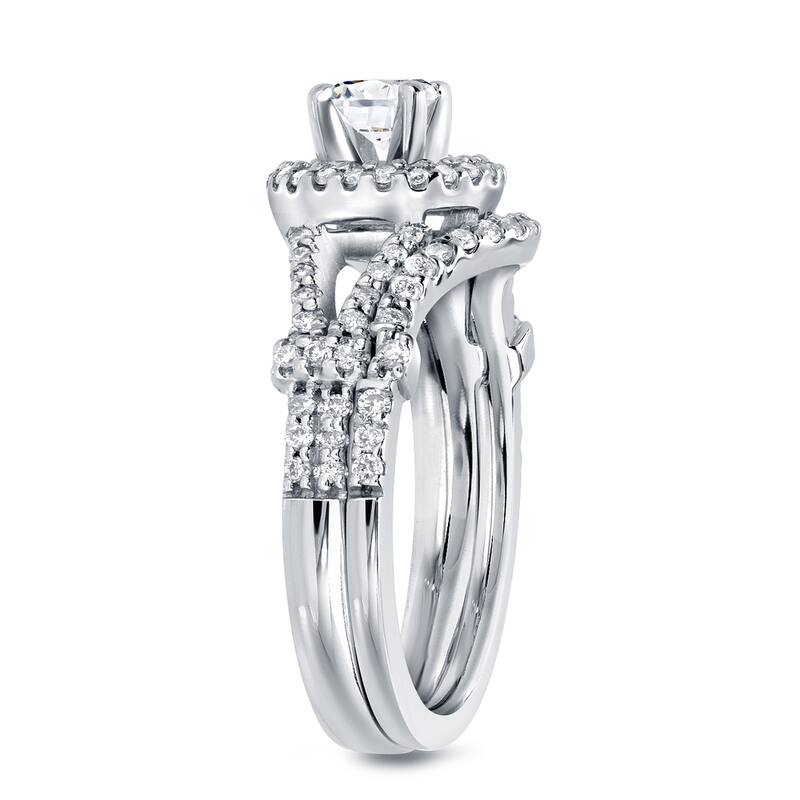 Auriya 14k Gold 1 1/4ctw Modern Round Diamond Halo Engagement Ring Set