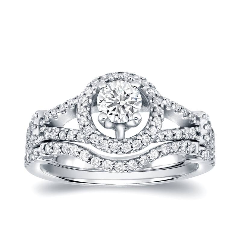 Auriya 14k Gold 1 1/4ctw Modern Round Diamond Halo Engagement Ring Set