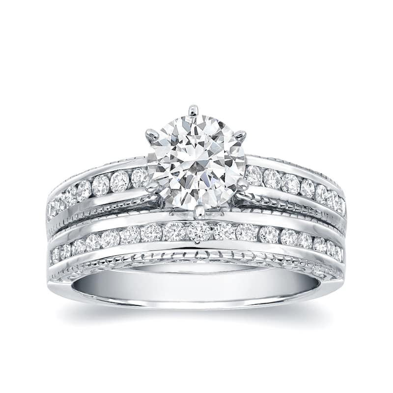 Auriya 14k Gold Vintage Inspired 1 1/4ctw Round Diamond Engagement Ring Set Certified