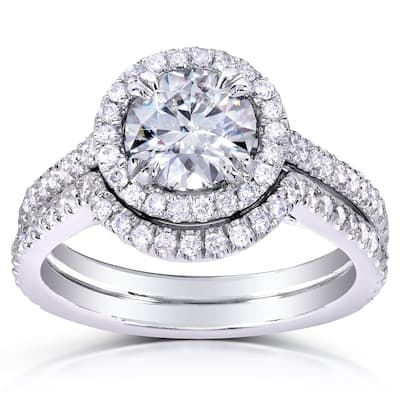 Annello by Kobelli White Gold 1 1/2ct TGW Round Moissanite and Diamond Halo Bridal Rings Set