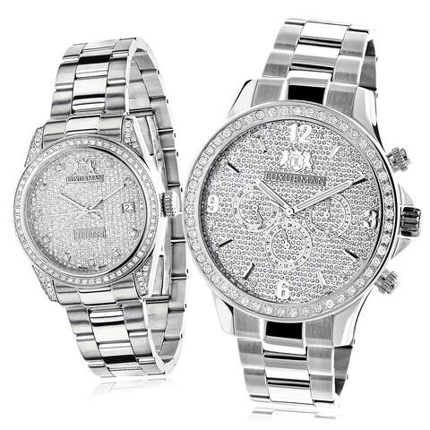 Luxurman Stainless Steel Diamond-paved His and Hers Watch Set