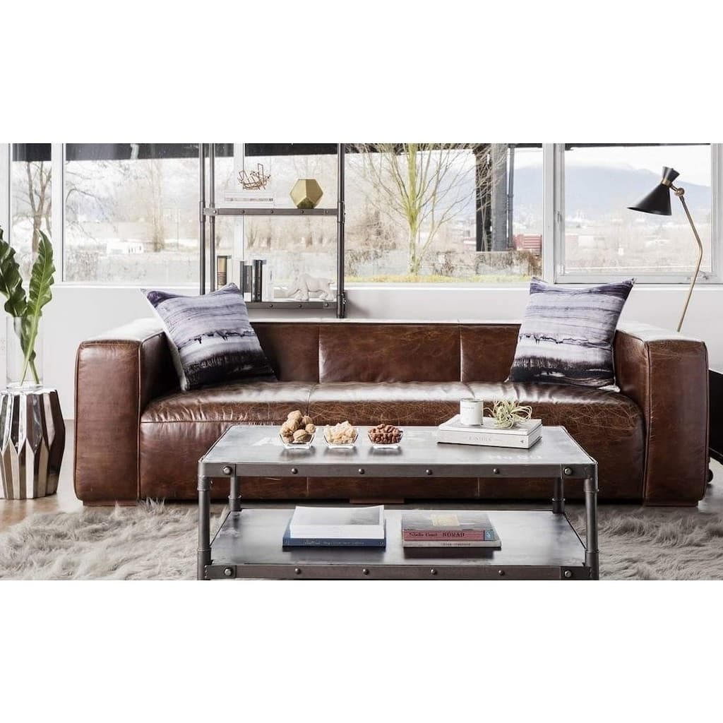 Aurelle Home Rustic Vintage Brown Top Grain Leather Sofa