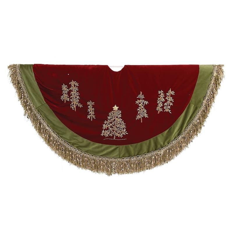 Kurt Adler 50-Inch Burgundy Ribbon Trees Tree skirt with Green Tassel Border