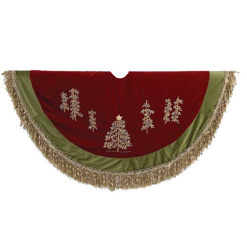 Kurt Adler 50-Inch Burgundy Ribbon Trees Tree skirt with Green Tassel Border