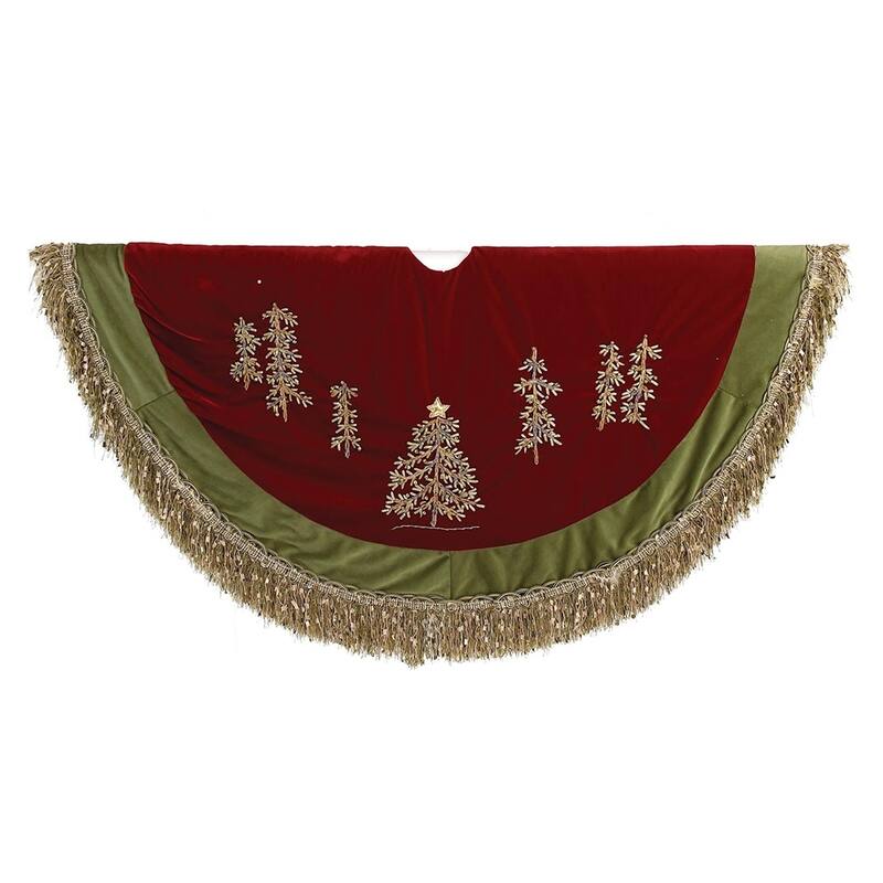 Kurt Adler 50-Inch Burgundy Ribbon Trees Tree skirt with Green Tassel Border