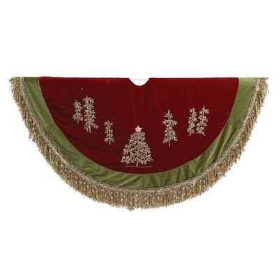Kurt Adler 50-Inch Burgundy Ribbon Trees Tree skirt with Green Tassel Border