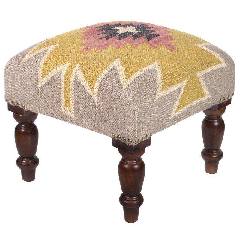 Handmade Indo Kilim Ottoman Footstool (India) - 16" x 16" x 14"