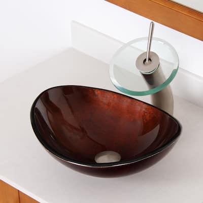 Elite Unique Oval Artistic Bronze Tempered Glass Bathroom Vessel Sink and Waterfall Finish Faucet Combo