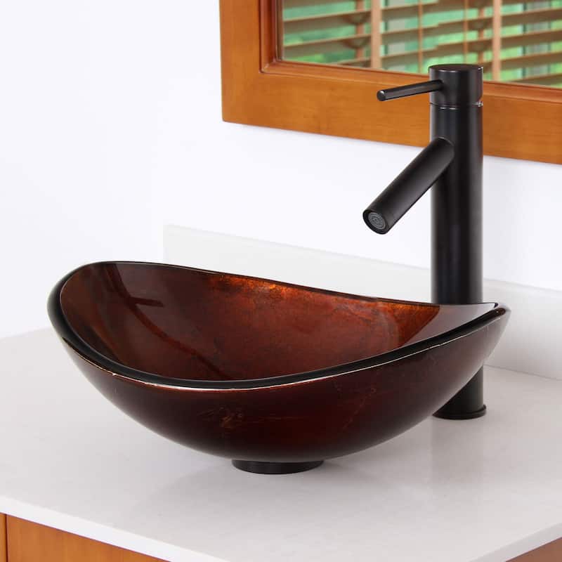 Elite Unique Oval Artistic Bronze Tempered Glass Bathroom Vessel Sink with Faucet Combo