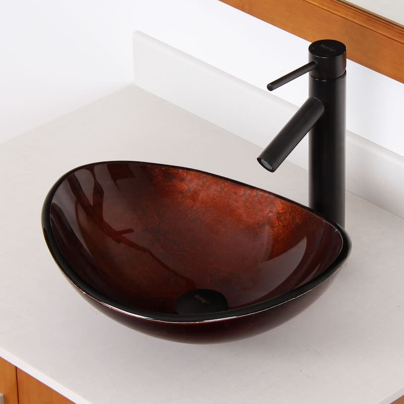 Elite Unique Oval Artistic Bronze Tempered Glass Bathroom Vessel Sink with Faucet Combo