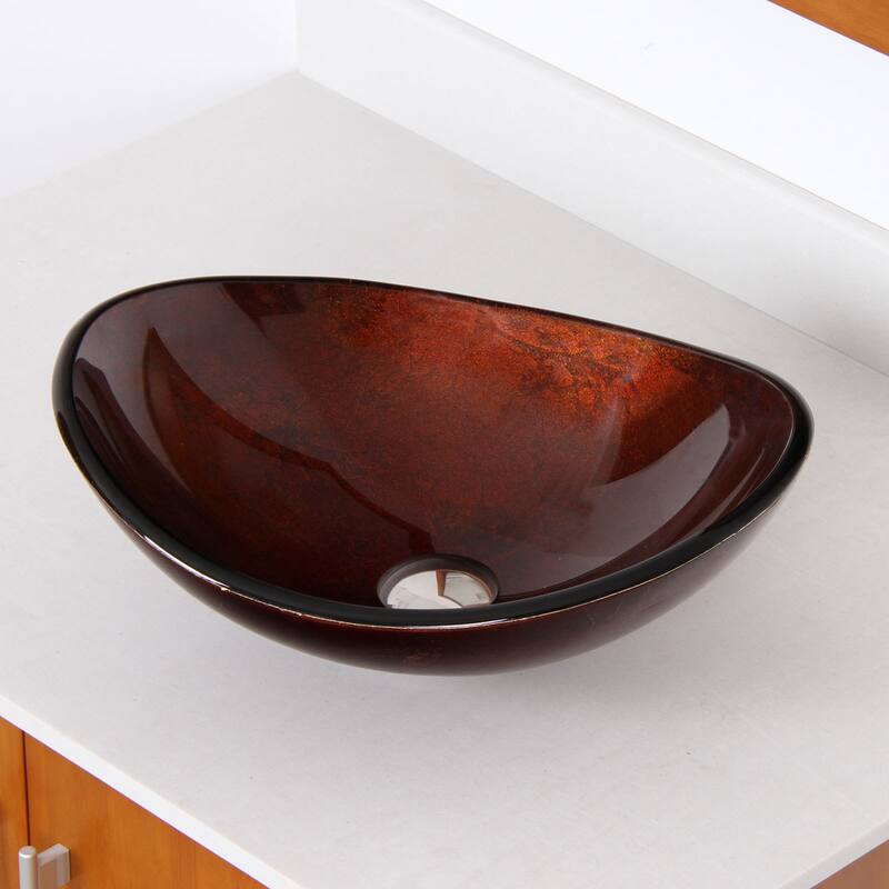 Elite Unique Oval Artistic Bronze Tempered Glass Bathroom Vessel Sink with Faucet Combo