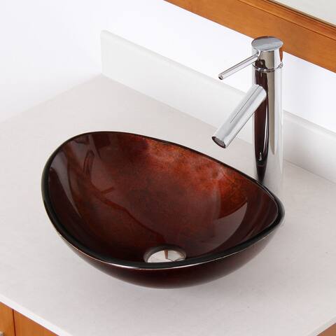 Elite Unique Oval Artistic Bronze Tempered Glass Bathroom Vessel Sink with Faucet Combo