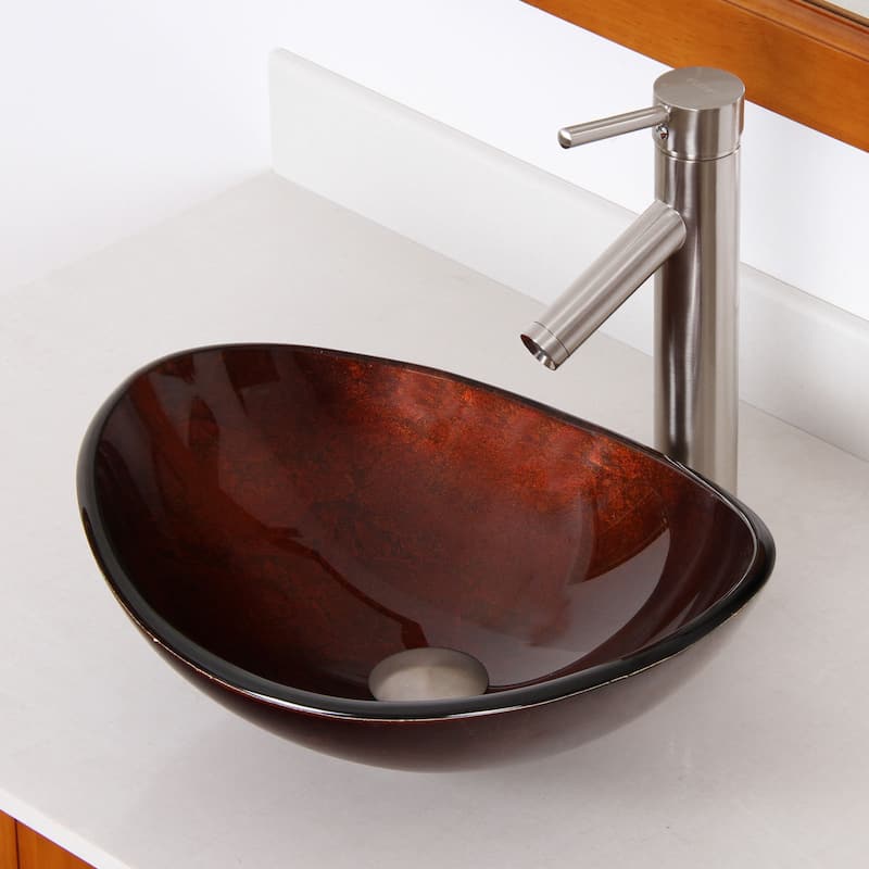 Elite Unique Oval Artistic Bronze Tempered Glass Bathroom Vessel Sink with Faucet Combo